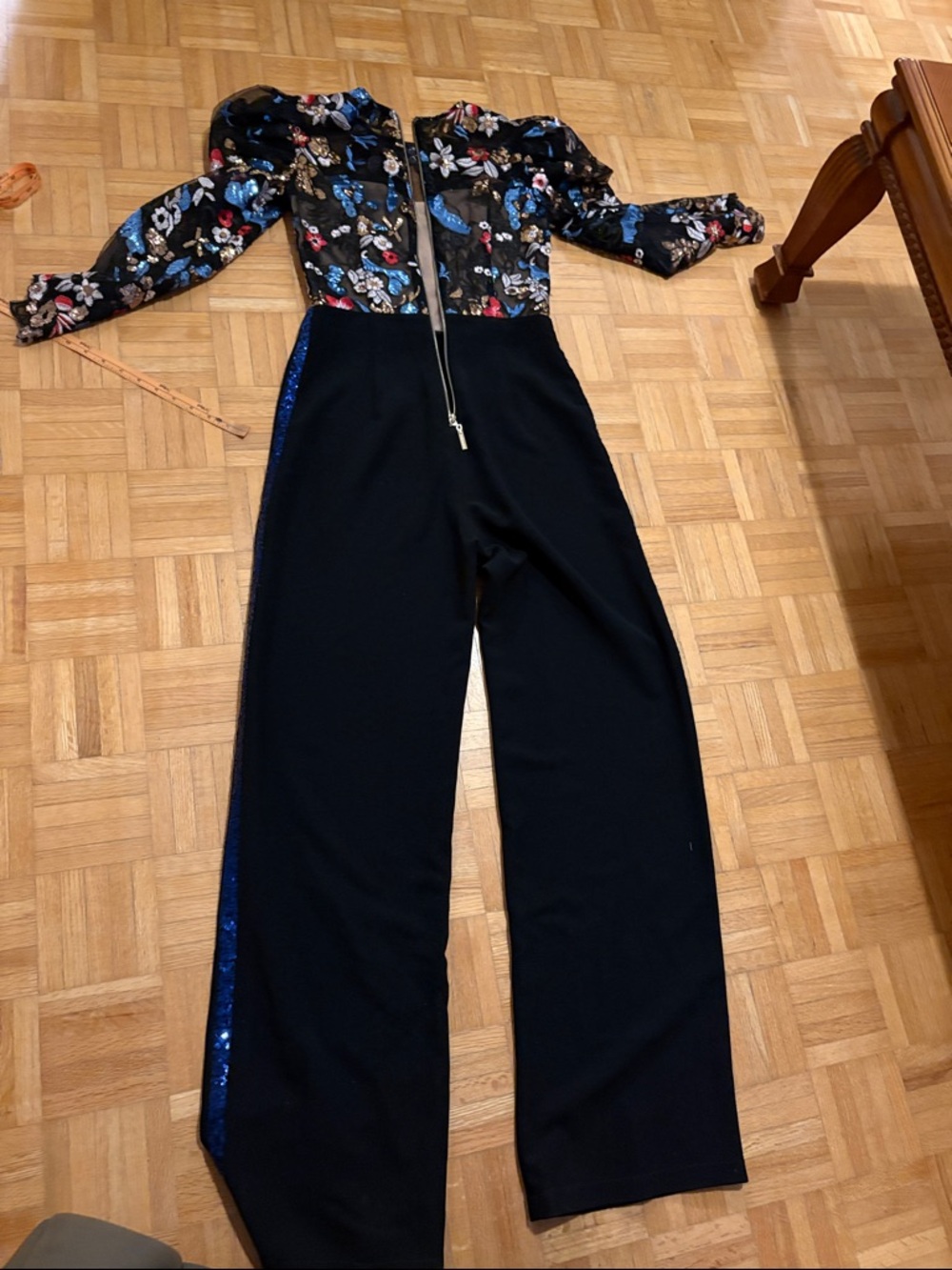 Bronx & Banco Black Wide-Leg Jumpsuit with Floral Bodice and Blue Trim. NWOT - Picture 11 of 16